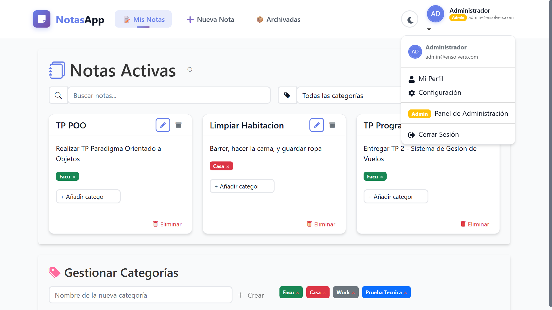 Modo claro de la aplicación